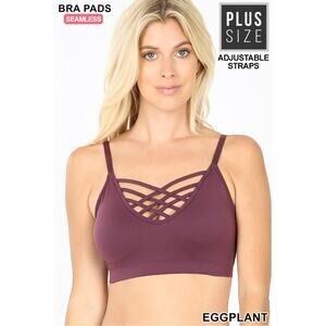 1X/2X Eggplant Front V Lattice Bralette + bra padding adjustable straps Zenana